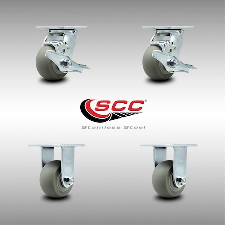 Service Caster 4 Inch SS Thermoplastic Rubber Caster Set with Roller Bearings 2 Brake 2 Rigid SCC-SS30S420-TPRRD-TLB-2-R-2